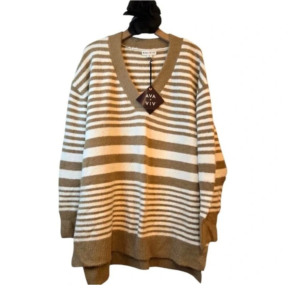 Women's Striped Sweater - Brown and Cream Ava& Viv Plus size 1X NWT